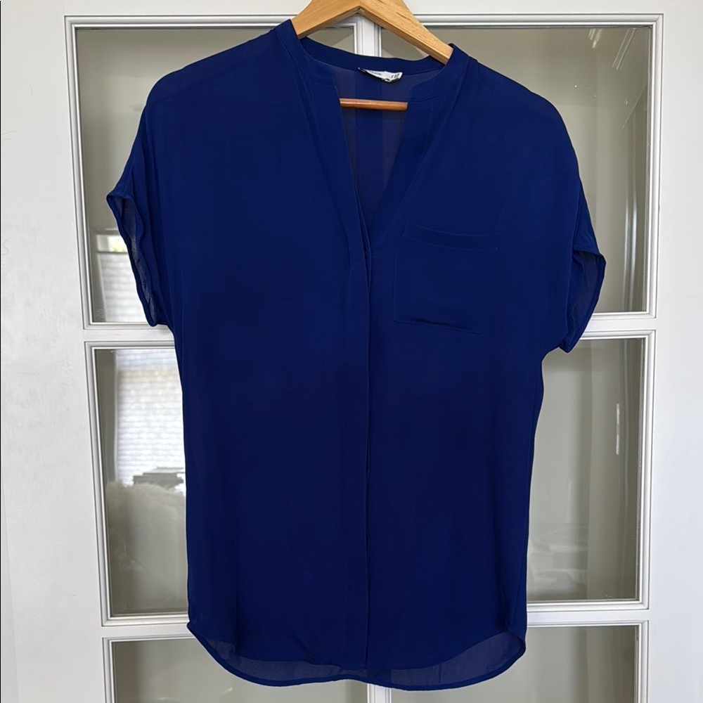 Vince Blue Short Sleeve Blouse with Mandarin Collar